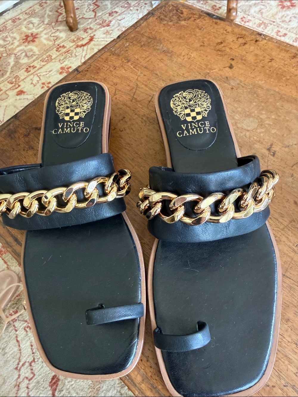 Vince Camuto Black Slide Sandals with Gold Chain Accent